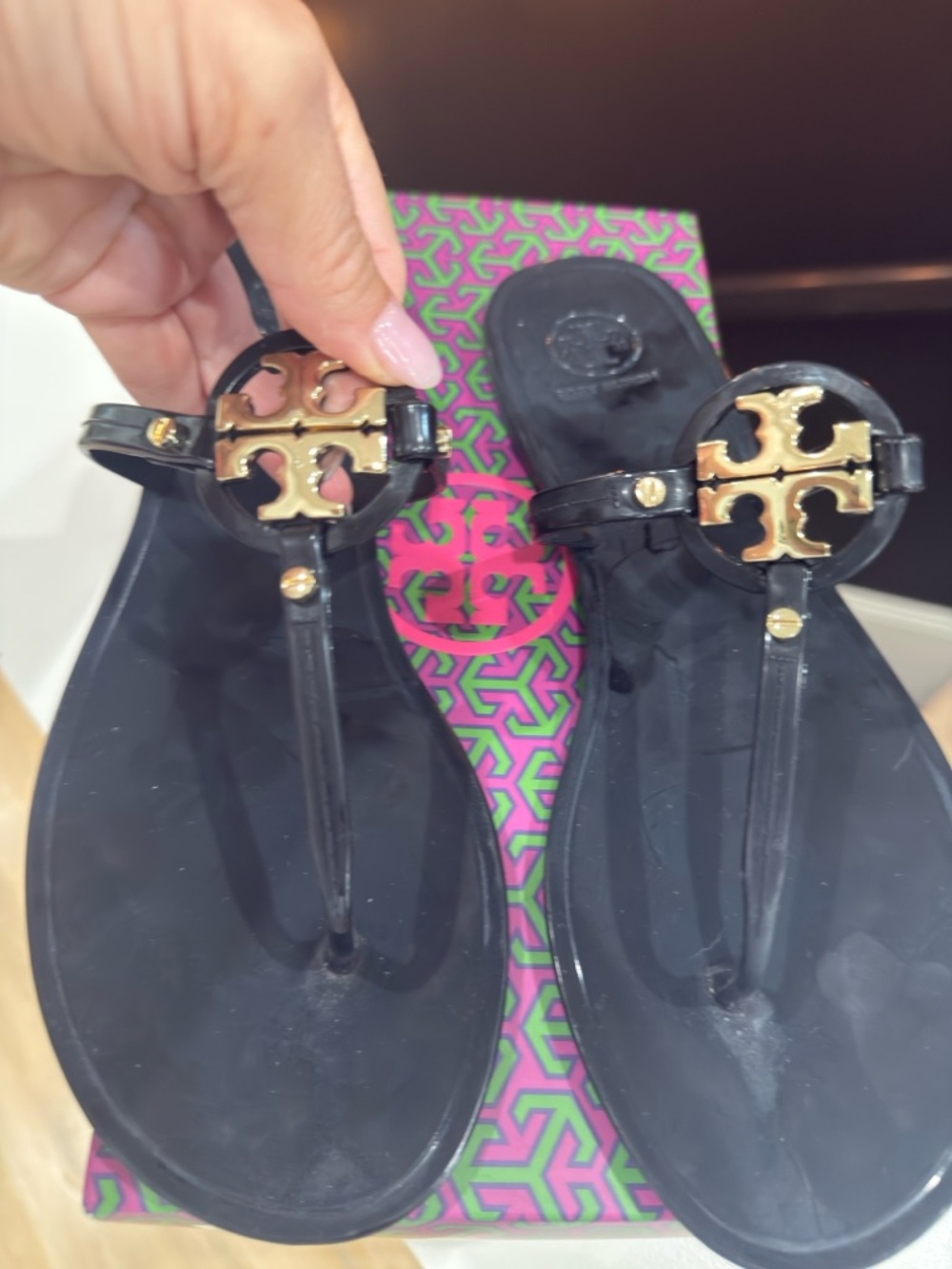 Tory Burch Black Jelly Thong Sandals with Gold Logo Medallions